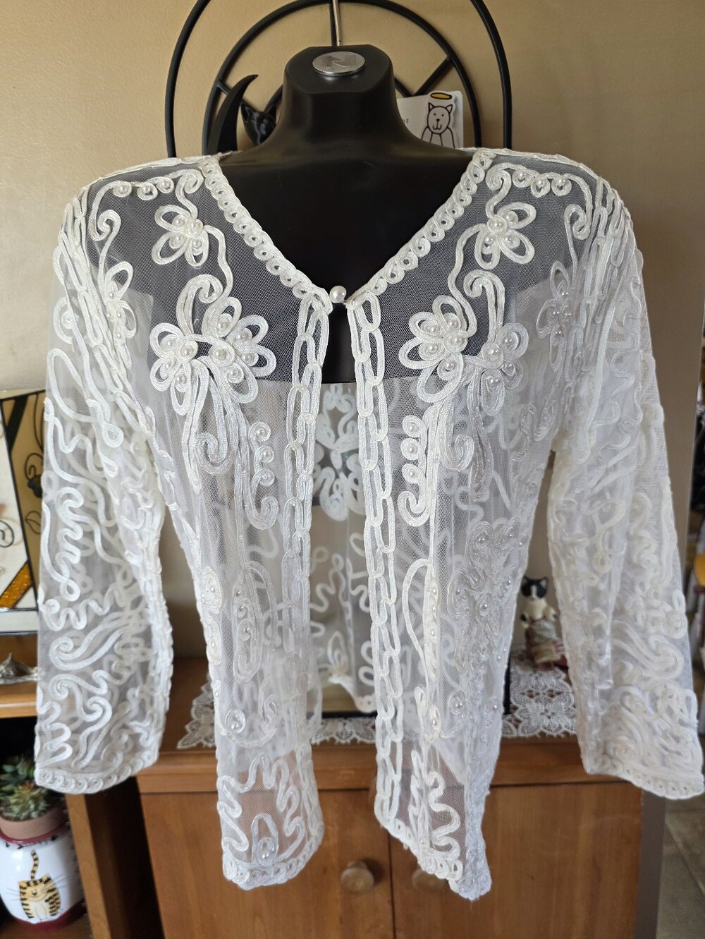 VALENTI Vintage Sheer Mesh Ivory Pearl & Beaded Embroidered Lace Jacket